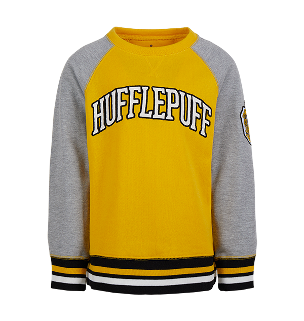 Kids Hufflepuff Sweatshirt with House Crest & Color Stripes | Varsity Style