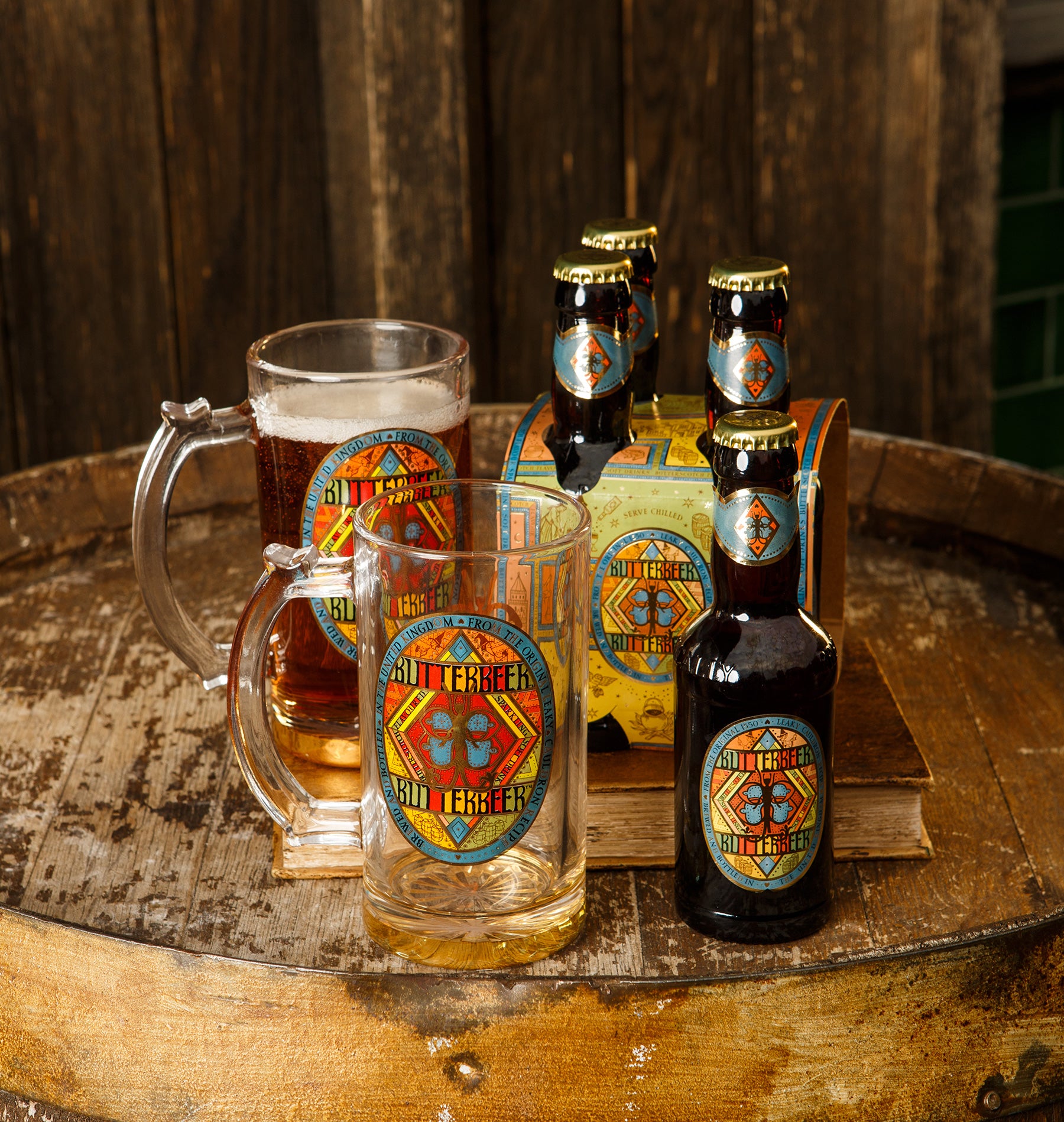 Harry Potter Butterbeer Gift Set with Glass Steins & 4-Pack | Minalima